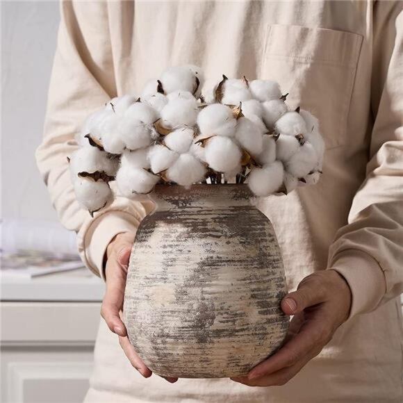 SIDUCAL Ceramic Rustic Vase, Whitewashed Terra Cotta Vase, Distressed Farmhouse - Picture 4 of 7